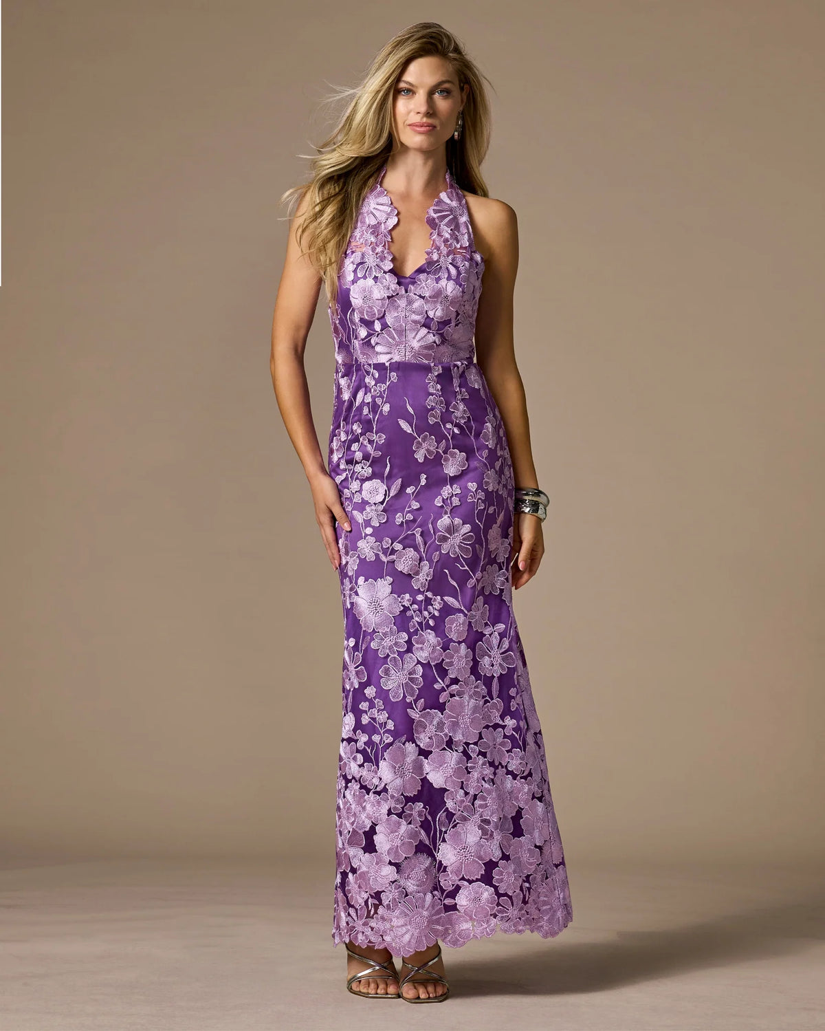 Scallop Detail Halter Embroidered Mesh Gown Lavender