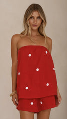 Calliope Strapless Top and Shorts Set - Red/White Polka Dot