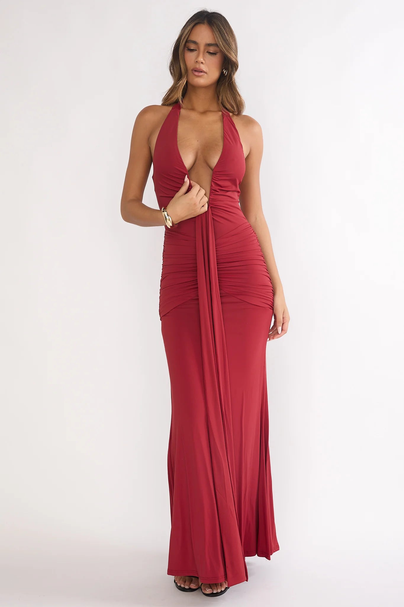 Brienna Halter Ruched Maxi Dress Wine