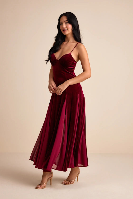Elisha Burgundy and Red Velvet Pleated Midi Dress