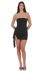 Strapless Ruched Tassel Dress in Black
