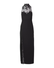 Delicate Lace Mock Neck Slit Maxi Dress Black