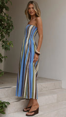 Tierra Strapless Maxi Dress - Blue/Khaki Stripe