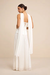 Eloise White Jacquard Pleated Maxi Dress and Scarf Set