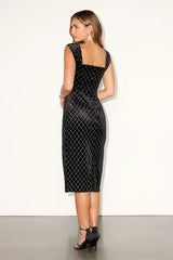 Constance Black Velvet Rhinestone Column Midi Dress