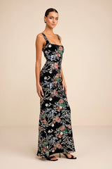 Camesha Black Multi Floral Velvet Sequin Maxi Dress