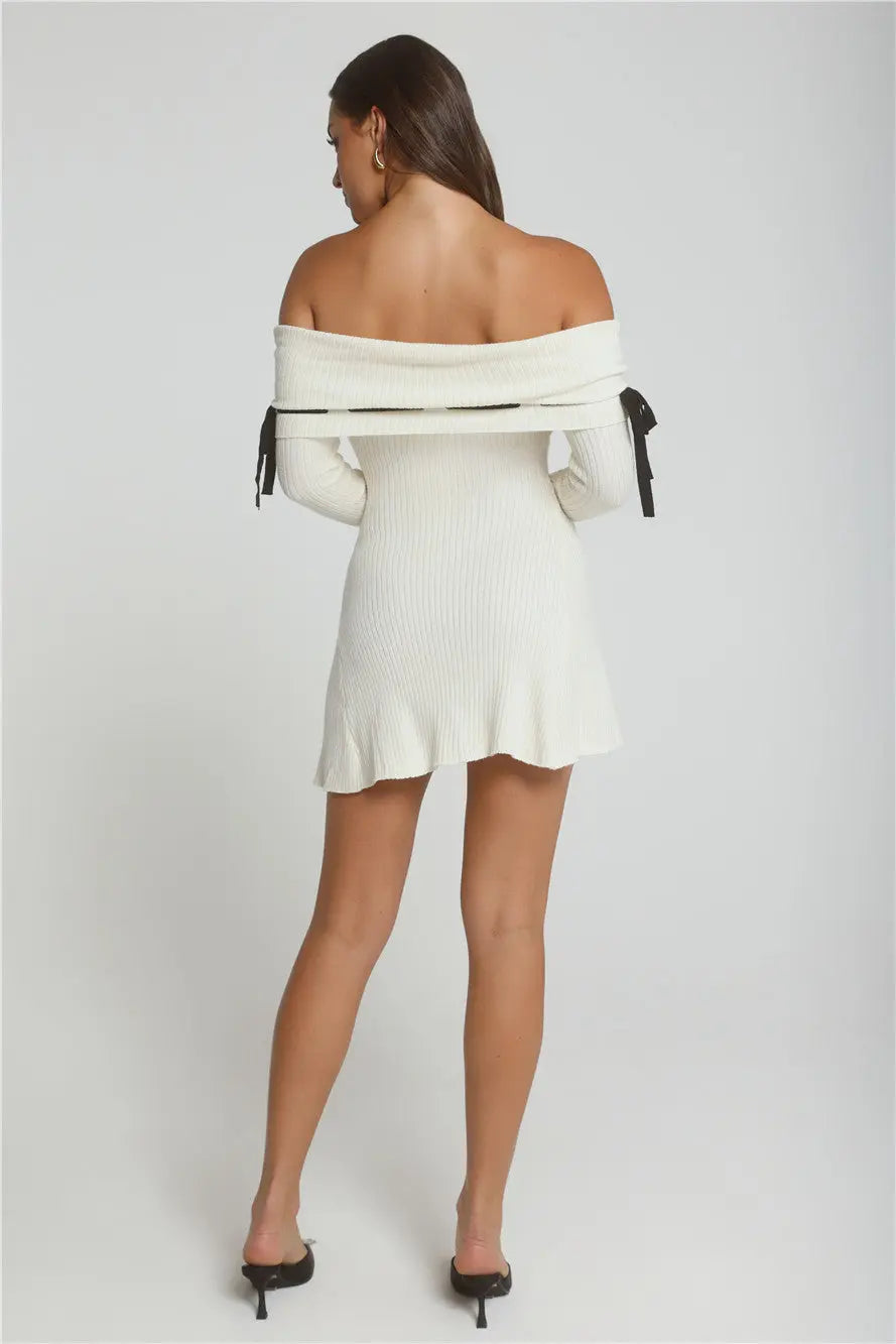 Winter Spice Off Shoulder Knit Mini Dress Cream
