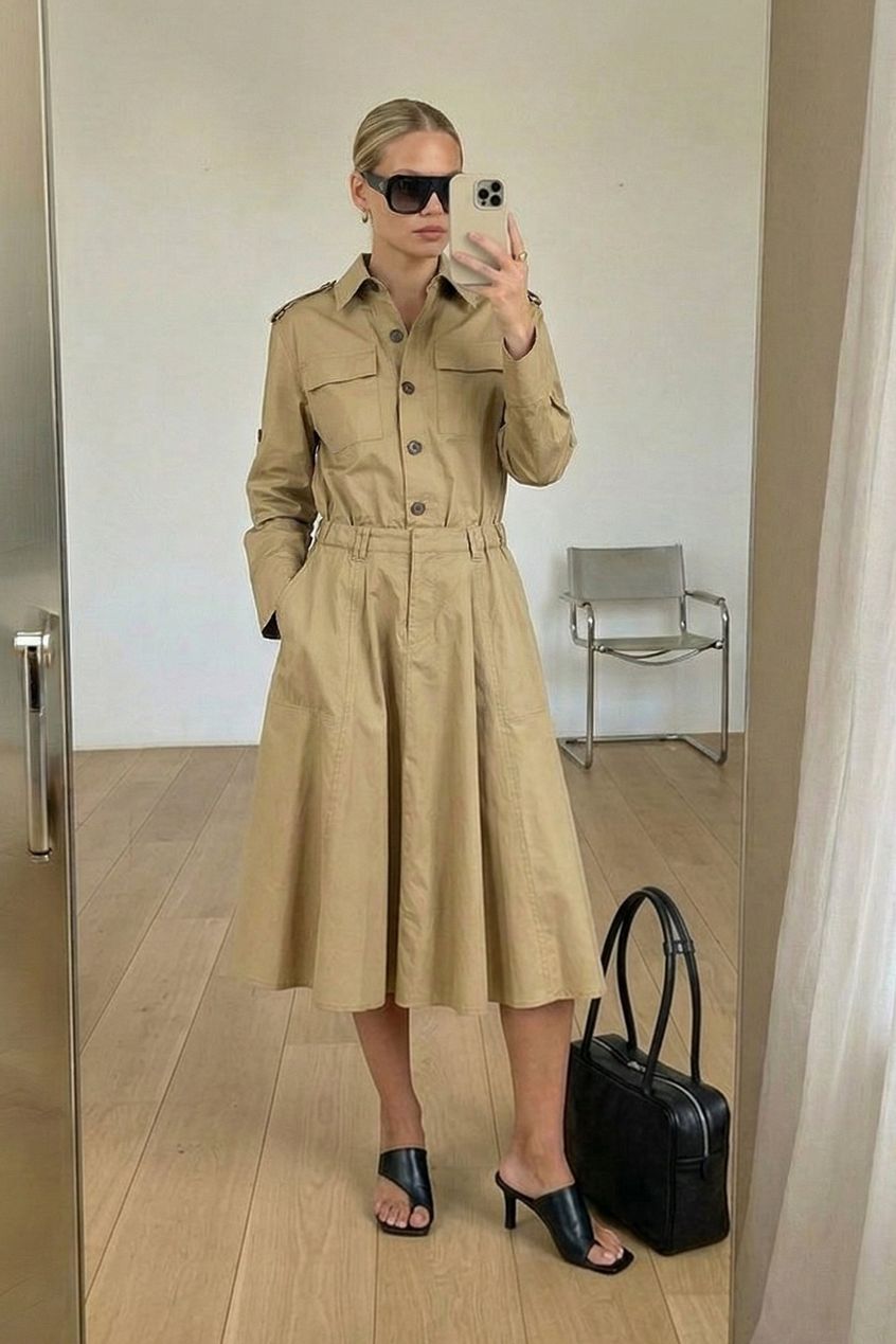 Heavy Cotton Midi Cargo Shirt Dress