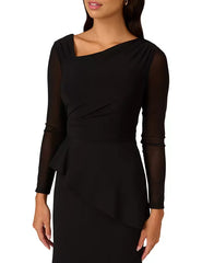 Adrianna Papell Women's Mesh Long-Sleeve Crepe Gown