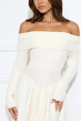 Snowlight Off Shoulder Ribbed Midi Dress Cream
